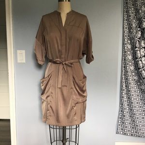 Beige Silky Button Down Tie Waist Dress